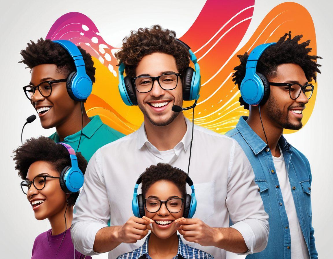 A dynamic scene showcasing a diverse group of podcasters engaged in a lively exchange of ideas, with microphones and headphones surrounding them. In the background, colorful sound waves visually represent the power of storytelling, while illustrations of diverse audio-themed elements like headphones, waveforms, and note-taking adorn the space. The setting should feel inviting and collaborative, hinting at creativity in audio storytelling. vibrant colors. super-realistic. white background.