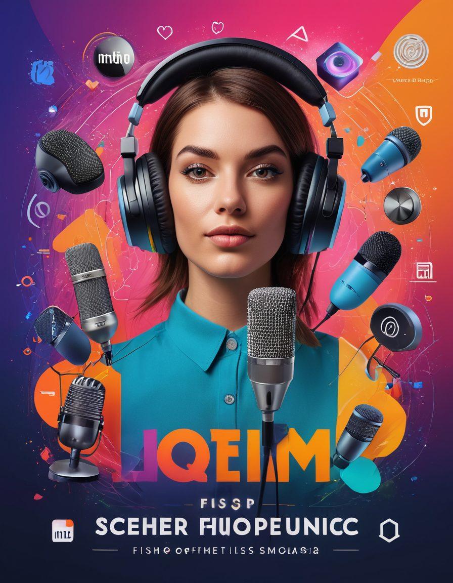 A dynamic collage illustrating a modern podcasting studio with diverse individuals collaborating, featuring microphones, headphones, and sound waves emanating from a central podcast logo. The background includes elements representing promotion, like social media icons and charts. Bright and inviting colors convey energy and creativity. super-realistic. vibrant colors. 3D.